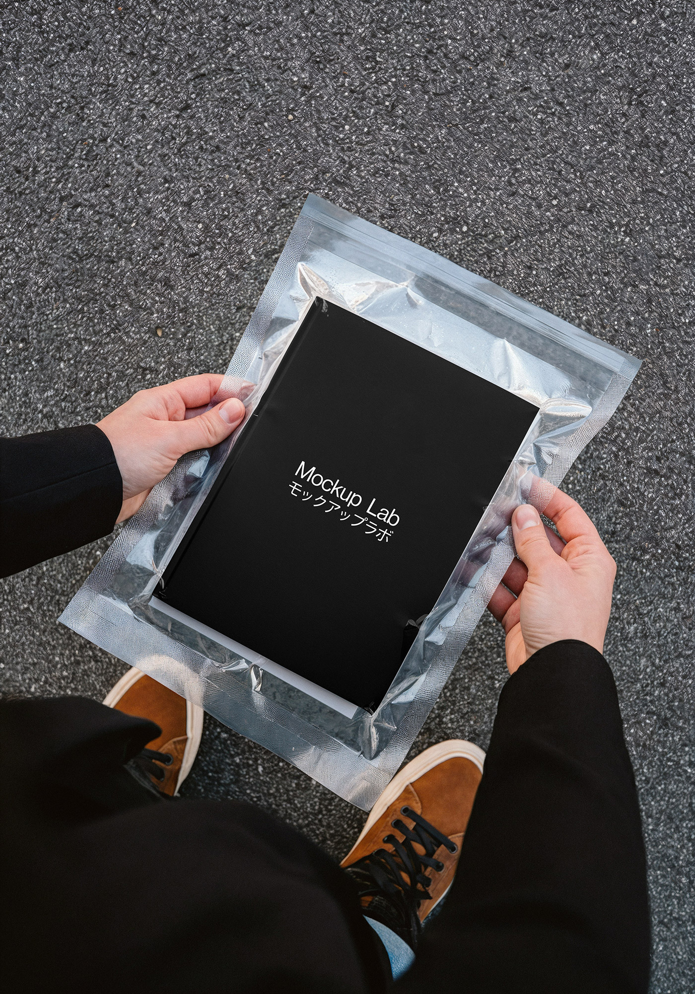 Overhead view of a single closed notebook mockup on a clean background.